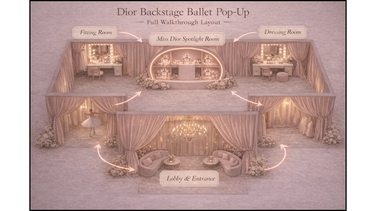AI mockup of the layout of the Miss Dior ballet pop-up event