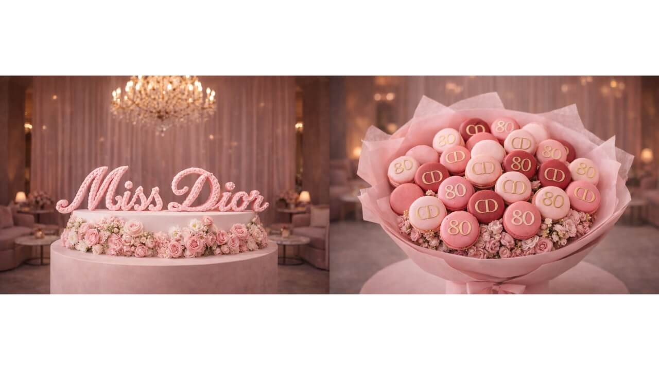 Al mockups of a Miss Dior cake and a 80th anniversary macaron bouquet display