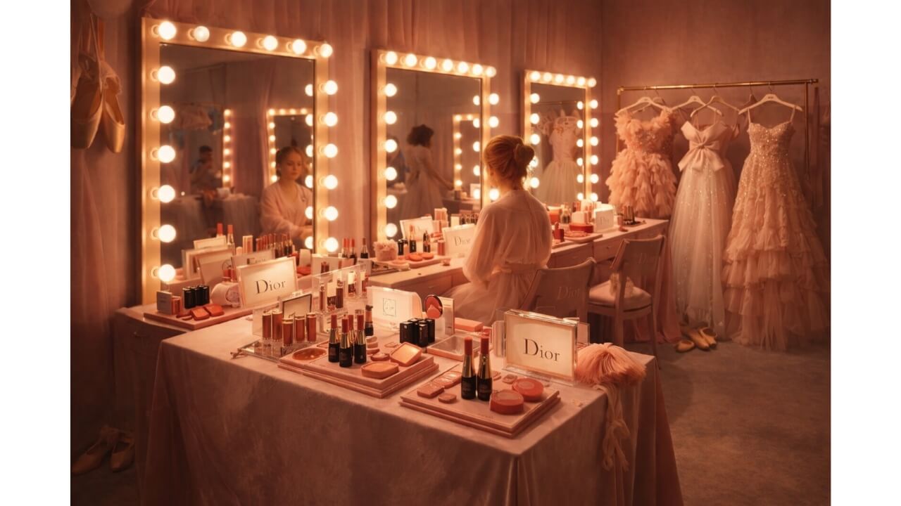 AI mockup of the pop-up event dressing area that includes vanities, dresses, and beauty products