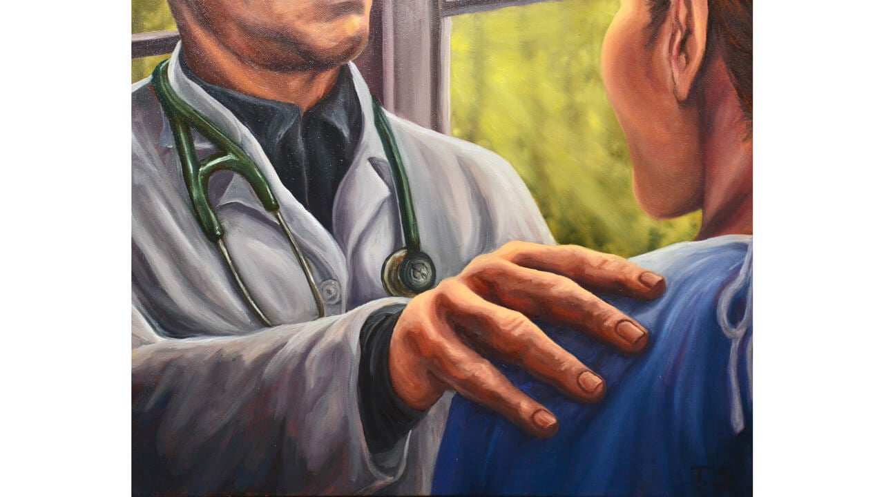 Oil painting of a doctor putting a hand on a patient's shoulder