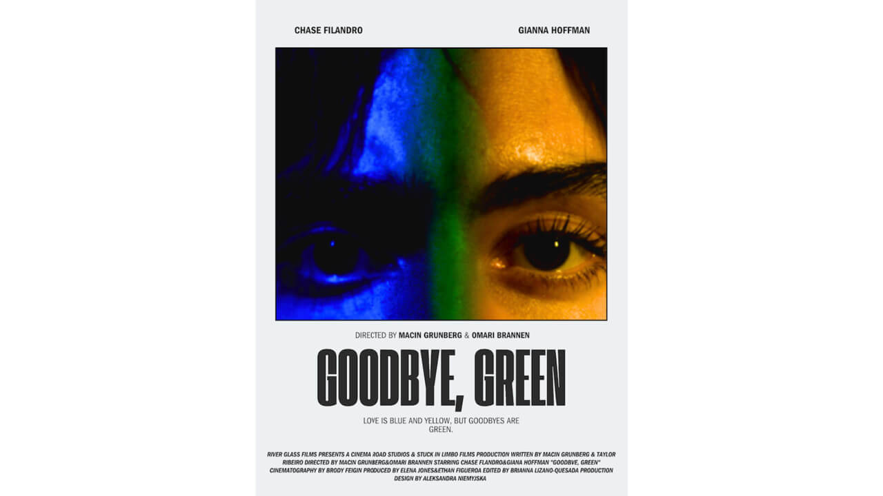 Film poster with a composite image of half of a man's face on the left and half of a woman's face on the right.