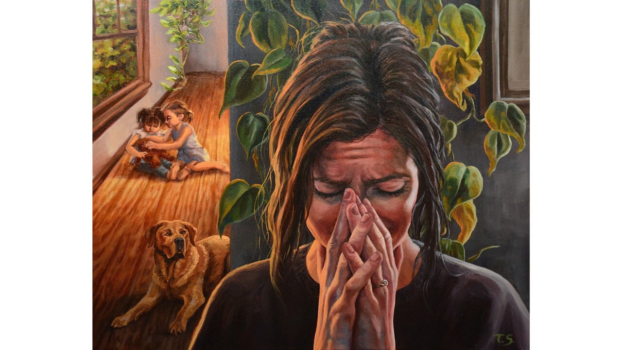 Oil painting of a woman crying into her hands