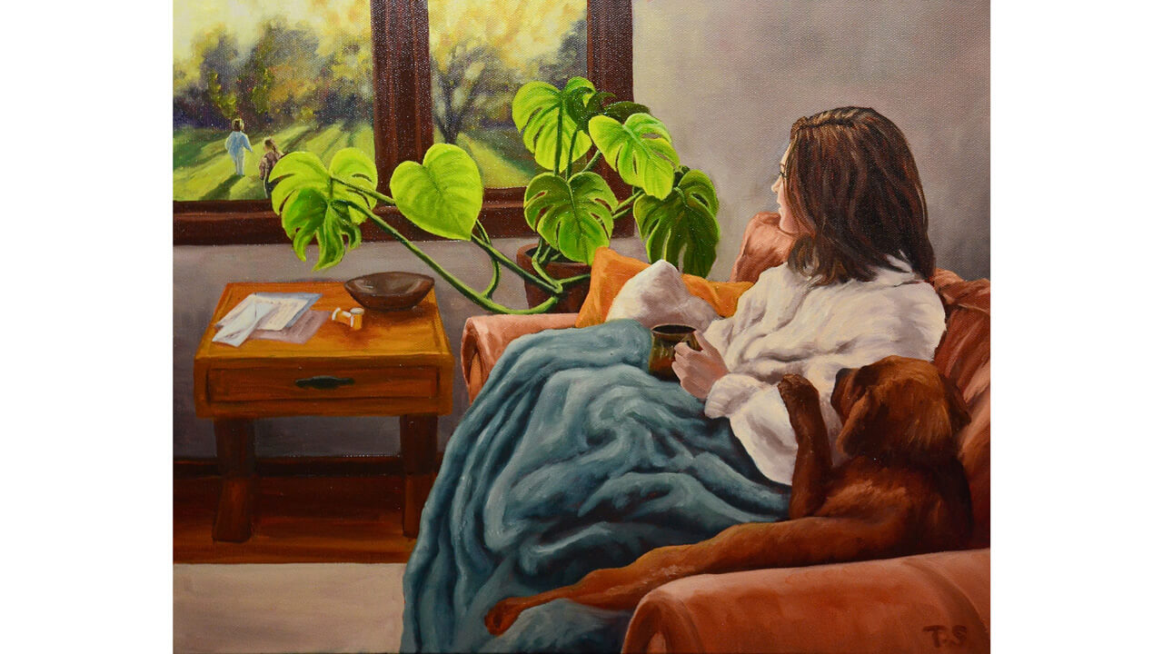 Oil painting of a woman on a couch looking out of a window